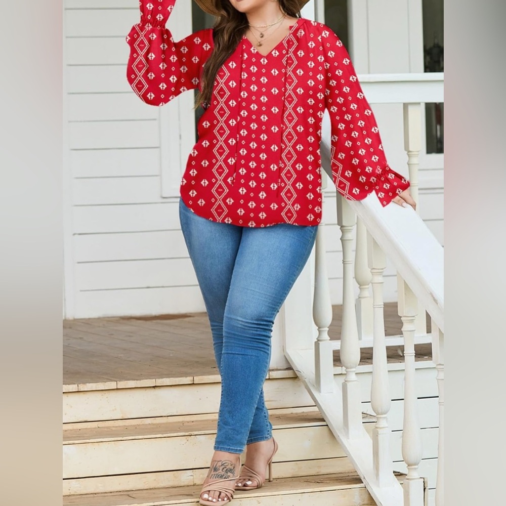 NEW Red Plus Size Top V Neck Long Sleeve Drawstring Chiffon Blouse 3X